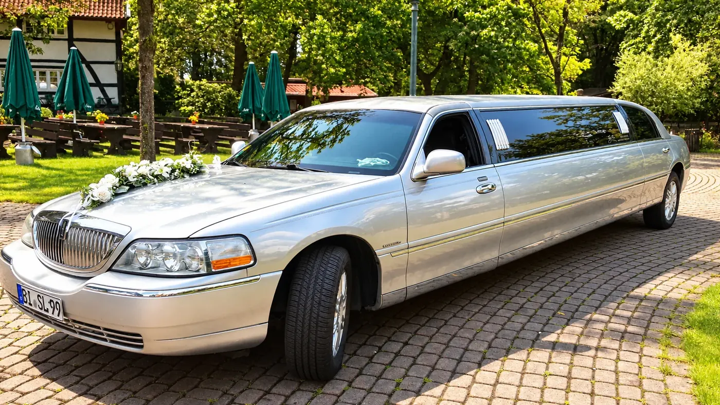 Silver Line Stretchlimousine mit Blumenschmuck im Garten