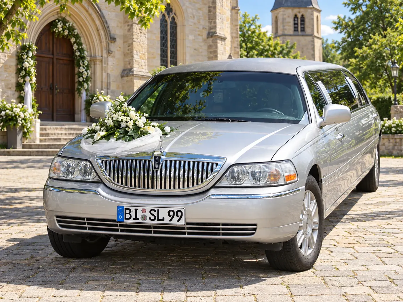 Stretchlimousine mit Hochzeitsschmuck vor der Kirche